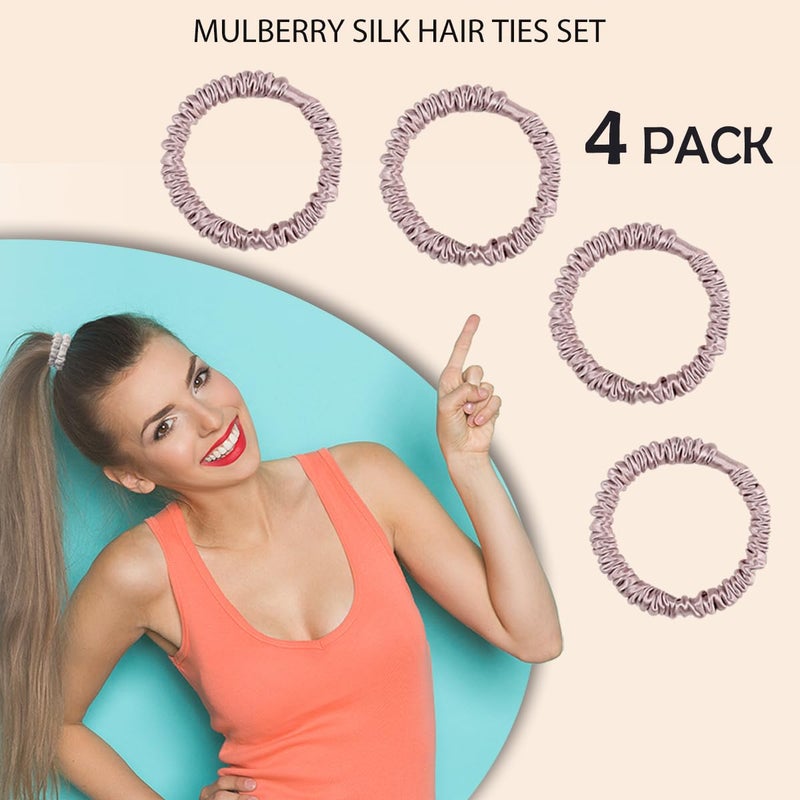 SEMRUE 22 Momme 100% Pure Mulberry Silk Scrunchies (4 PCS) - Small Hair Elastics and Ties for Women, Sleep Hair Care, No Damage, Lotus Pink - Image 3